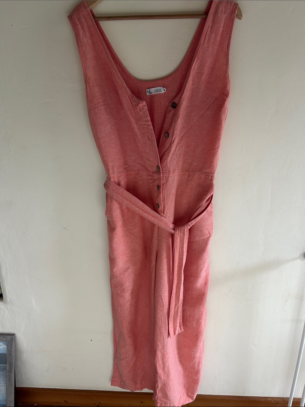 Sleeveless Coral Button-Front jumpsuit with Waist Tie